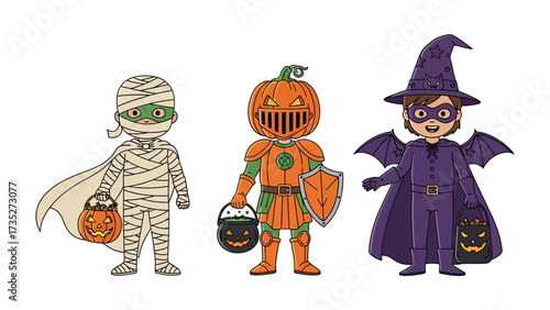 Festive Trio: A captivating illustration showcases a cheerful mummy, a knight with a pumpkin head, and a cute bat, each personifying the spirit of Halloween. 