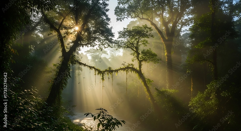 Obraz premium Sunlight Filtering Through Lush Rainforest Canopy.