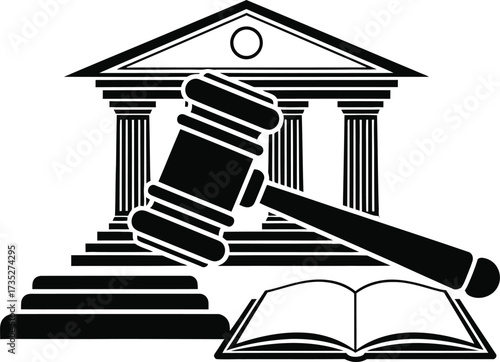 Gavel and open book before courthouse steps
