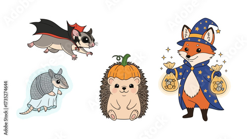 Whimsical Halloween Animals: A delightful ensemble of charming creatures dressed up in festive Halloween costumes, bringing joy and a touch of spookiness to the holiday season.