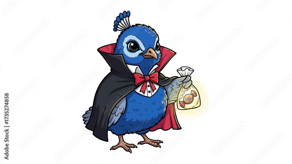 Naklejka premium Halloween Bird with Costume: A whimsical cartoon illustration of a cute blue bird donning a vampire costume, holding a bag with treats, embodying Halloween spirit.