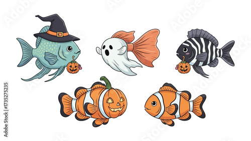 Halloween Fishes: A collection of charming, cartoonish fishes with Halloween-themed attire and accessories. The image captures a blend of aquatic beauty and holiday spirit, rendered in a delightful.