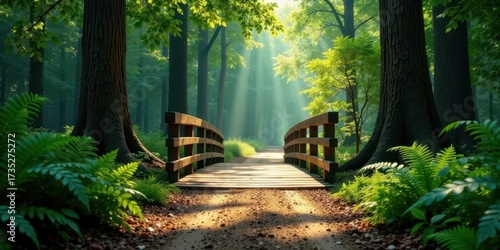 Serene Woodland Path A Wooden Footbridge Across a Sun-Dappled Trail, Leading into a Misty, Tranquil Forest