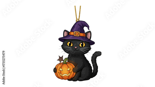 Whimsical Halloween Cat: A playful illustration of a black cat, dressed in a witch's hat, clutches a carved pumpkin. A creative combination for a spooky yet delightful scene