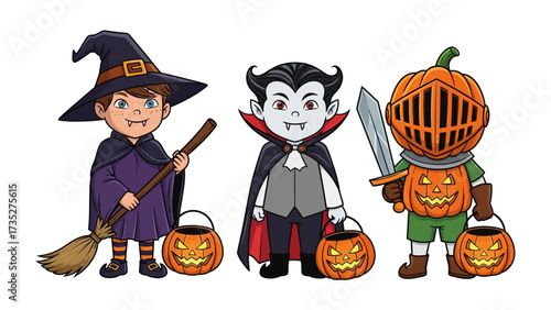 Halloween Costume Trio: This vector illustration brings to life a playful ensemble of Halloween costumes, featuring a witch, vampire, and pumpkin-headed knight each holding a candy bucket