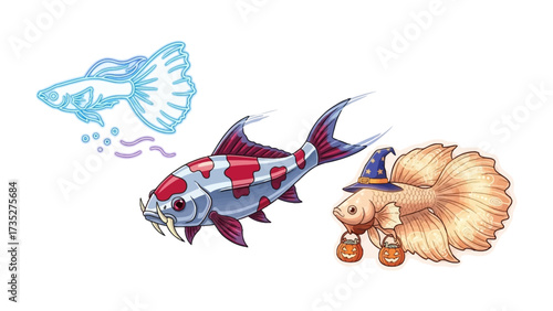Aquatic Fantasia: Artistic depiction of a trio of fish, one as a ethereal Guppy, another a bold Koi with a wicked visage, and the third sporting a wizard’s hat and candy.