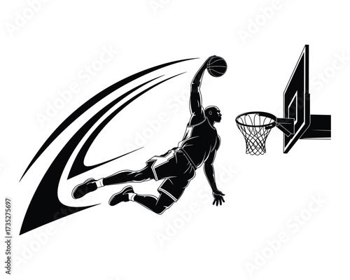 Dynamic silhouette of a basketball player performing a powerful slam dunk with motion lines and a hoop