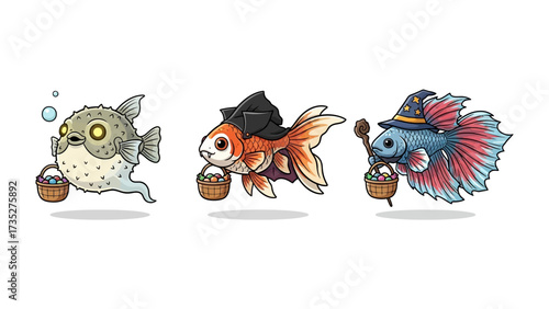 Whimsical Fish Trio: An enchanting illustration of three fantastical fish, each donned in a charming costume, merrily bearing miniature baskets for a touch of playful allure.