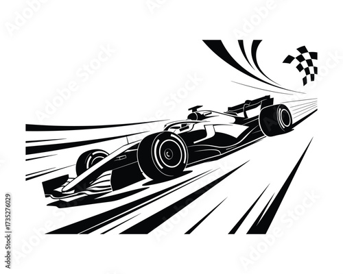 Dynamic black and white illustration of a formula 1 racing car speeding towards the finish line with motion blur
