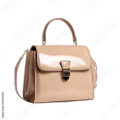 Shiny, beige handbag with top handle and shoulder strap