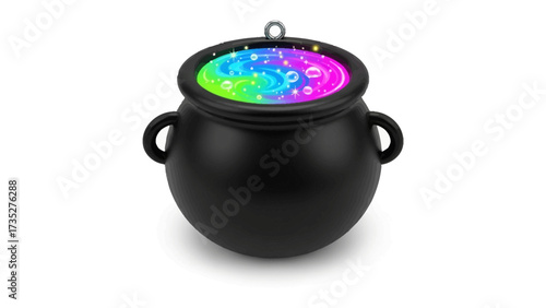 Mystical Cauldron of Rainbow Brew: A dark, cauldron brews a vibrant potion of rainbow colors, evoking mystery and enchantment, perfect for Halloween and fantasy themes.