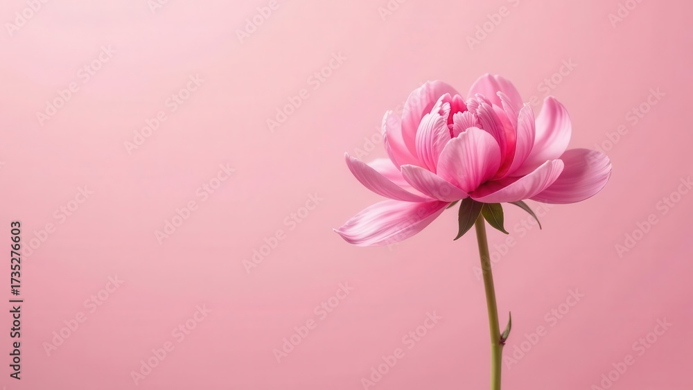 Obraz premium A single delicate pink blossom, elegantly displayed against a soft pink backdrop, evokes feelings of serenity and grace.