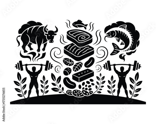 Black and white illustration of healthy protein sources and fitness for a strong body and healthy lifestyle