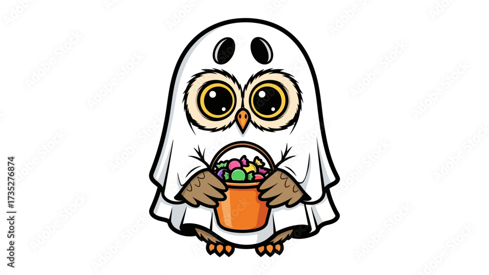 Obraz premium Spooky Owl in Costume: A cute owl dressed as a ghost holds a candy bucket, perfect for Halloween celebrations, its big eyes radiating innocence and anticipation.