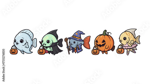Halloween Fishes' Costume : A whimsical illustration of five charming, cartoonish fishes, each adorned in delightful Halloween costumes. A spectral fish, a vampire fish, a wizard fish, a pumpkin fish.