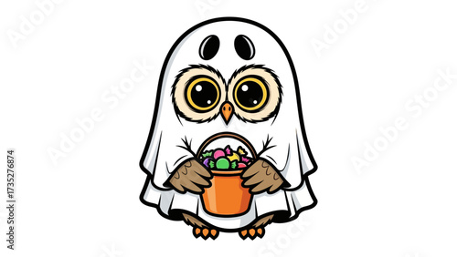 Spooky Owl in Costume: A cute owl dressed as a ghost holds a candy bucket, perfect for Halloween celebrations, its big eyes radiating innocence and anticipation.