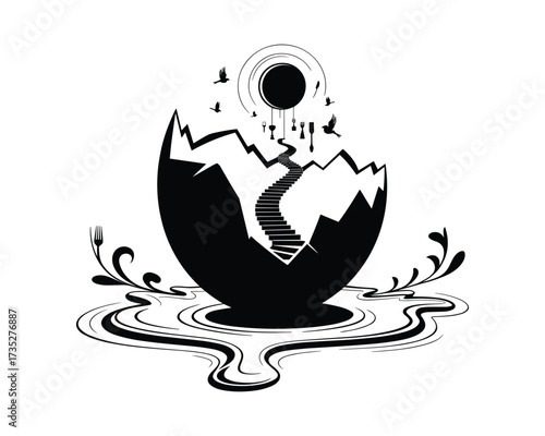 Abstract illustration of a cracked egg revealing a surreal landscape with a sun and birds