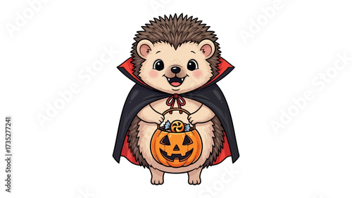 Hedgehog Halloween: An adorable hedgehog, donned in a vampire cape and clutching a carved pumpkin, welcomes the spirit of Halloween with a cheerful demeanor.