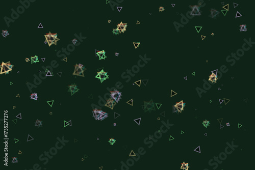 Scattered Colorful Triangles with Overlapping Layers on Dark Green Background