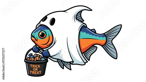 Halloween Fish Trick or Treat: An adorable fish dressed up as a ghost, enthusiastically embracing the Halloween spirit and collecting candy in its trick-or-treat bucket. 