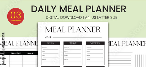 Meal planners A4 size, set of 3 planner pages, great for bullet journal. Healthy, diet planners.