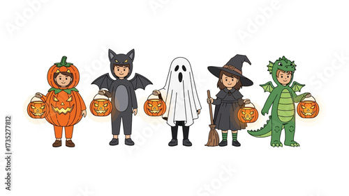 Spooky Halloween Party: Five children dressed in whimsical costumes hold lanterns filled with the light of a festive October night, ready to embrace the excitement of the Halloween season.