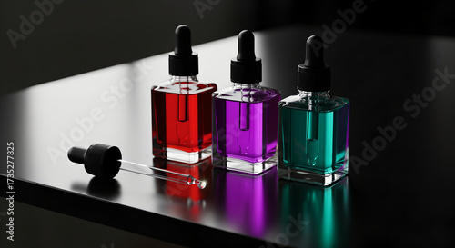 Three Medicine Dropper Bottles with Different Colored Liquids