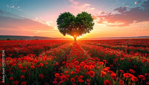 Sunset Glow over Poppy Field with Heart Shaped Tree Silhouette in a Warm Landscape with Golden Hour Lighting and Wispy Cloud Formations