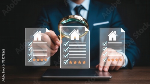 Professional reviewing real estate documents with magnifying glass, assessing property details and ratings for informed decisions.