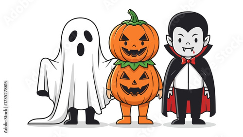 Halloween Trio: A playful illustration showcasing three classic Halloween characters: a friendly ghost, a grinning jack-o'-lantern, and a charming vampire, creating a spirited and cheerful atmosphere.
