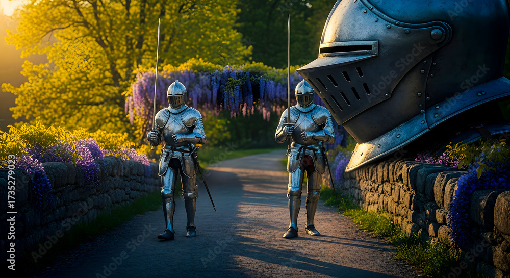 Fototapeta premium Two armored figures standing on a serene pathway surrounded by lush greenery and vibrant flowers