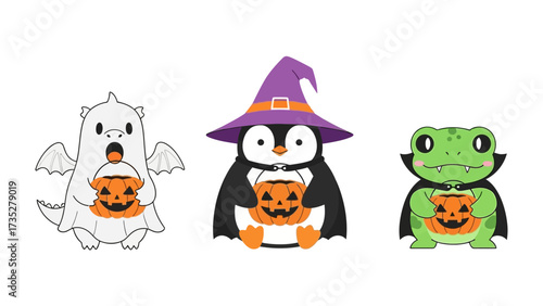 Halloween Trio: A playful cartoon featuring a ghost, penguin, and frog, all dressed in Halloween costumes, clutching jack-o'-lanterns, in a whimsical and festive tableau.