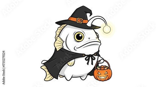 Anglerfish in Halloween Costume: A charming anglerfish decked out in a witch's hat, a flowing cape, and a pumpkin bucket.