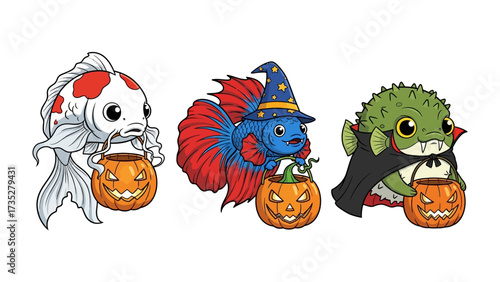 Halloween Trio: A trio of fish dressed up in delightful Halloween costumes, holding jack-o'-lanterns and ready for trick-or-treating. It captures the spirit of the holiday.