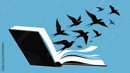 Flat vector open book turning into flying birds