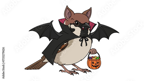 Halloween Sparrow in Costume: A whimsical illustration of a sparrow dressed up for Halloween, wearing a bat-themed cape, holding a jack-o'-lantern candy basket.