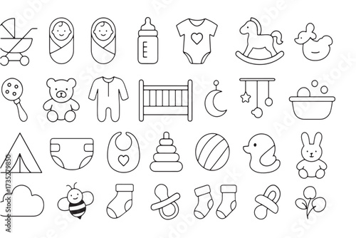 Flat Vector Baby Icons Set, Cute Pastel Baby Toys and Accessories, Minimal Modern Colorful Baby Illustration Pack