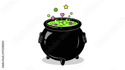 Magical Cauldron: A bubbling black cauldron filled with a vibrant green concoction, adorned with colorful floating shapes, creating a whimsical and enchanting scene.