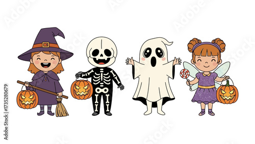Halloween Costume Ensemble:  A delightful collection of children, each donned in their unique and creative Halloween costumes, stands ready for trick-or-treating, full of festive cheer. 