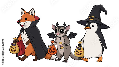 Spooky Halloween Trio: An enchanting cartoon illustration features a trio of adorable animals dressed up in festive Halloween costumes. A fox in a vampire cape, a sugar glider with bat wings.
