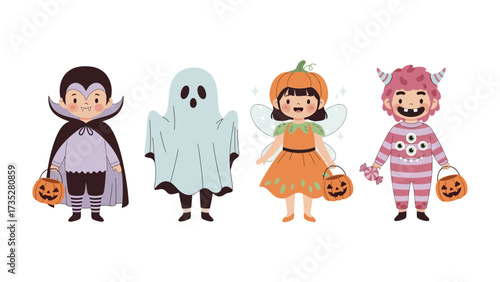 Enchanting Halloween Characters: A collection of adorable cartoon characters, each adorned in charming Halloween costumes, ready for a night of trick-or-treating and spooky fun.