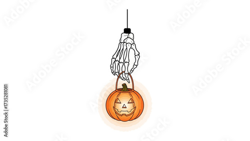 Spooky Halloween Pumpkin: A ghostly skeleton hand clutches a carved jack-o'-lantern with a glowing, inviting smile, symbolizing the spirit of All Hallows' Eve. 