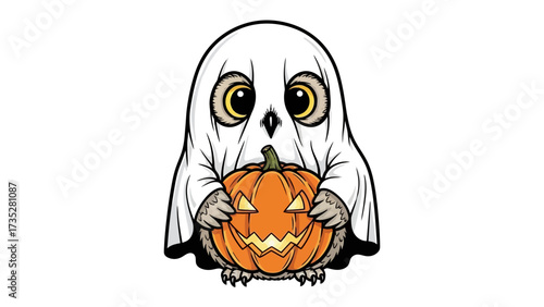 Ghost Owl Holding Jack-o'-Lantern: A spooky illustration features a charming ghost owl holding a carved pumpkin. It's a unique, playful take on Halloween with a hint of mystery and fun.