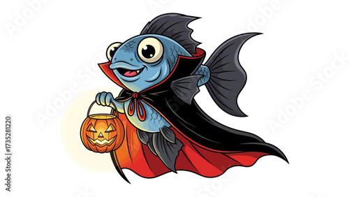 Halloween Fish: A playful fish, dressed in a vampire cloak, joyfully carrying a jack-o'-lantern, perfectly embodying the spirit of Halloween. A whimsical illustration suitable for festive designs.