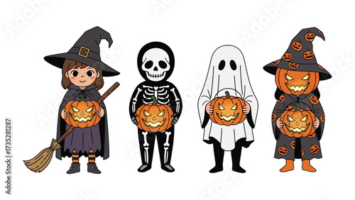 Spooky Halloween Characters: Delight in a whimsical display featuring a witch, skeleton, ghost and Jack-o'-Lantern character ready to spread some Halloween cheer. 