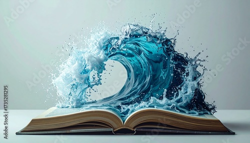 Dynamic blue water wave surges from an open book, symbolizing the powerful flow of knowledge and creativity.
