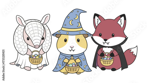 Whimsical Halloween Trio: A delightful illustration featuring an armadillo, a guinea pig in a wizard hat, and a fox, all bearing baskets of treats, radiating joy and playful halloween spirit.