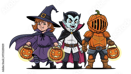 Halloween Trio: A delightful cartoon of kids dressed in spooky attire for Halloween with carved pumpkin lanterns, ready for a night of trick-or-treating. 
