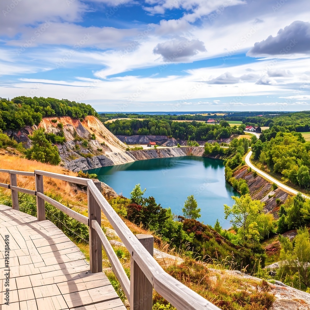 Obraz premium Scenic quarry vista with wooden walkway