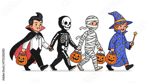 Spooky March: A group of friends march forward together on Halloween, dressed in their fantastic and spooky costumes with their candies in hand.